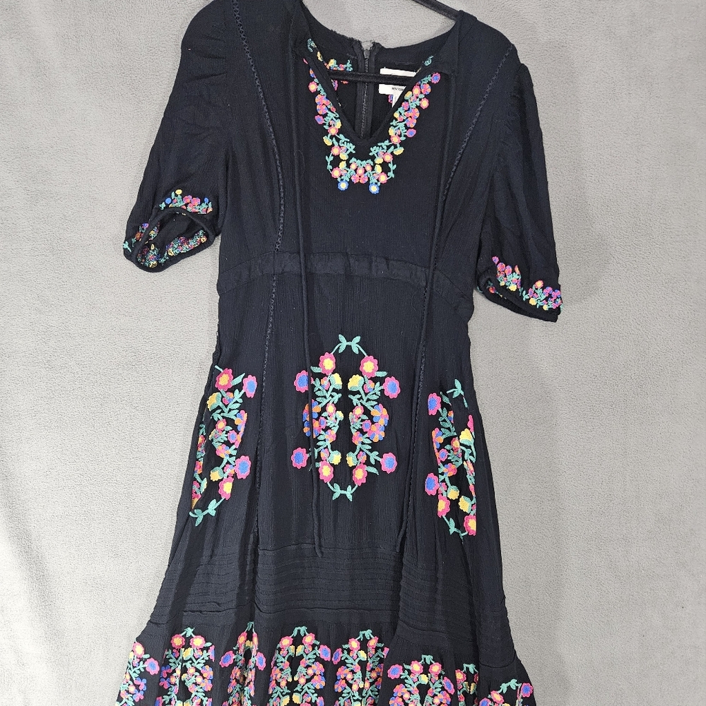 Ollari New York Womens Large Boho Maxi Teir Dress Black Vneck Embroidery Floral